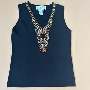 Joseph A Womens Black Beaded Bib Stretch Sleeveless Knit Top Size M Wood Crystal